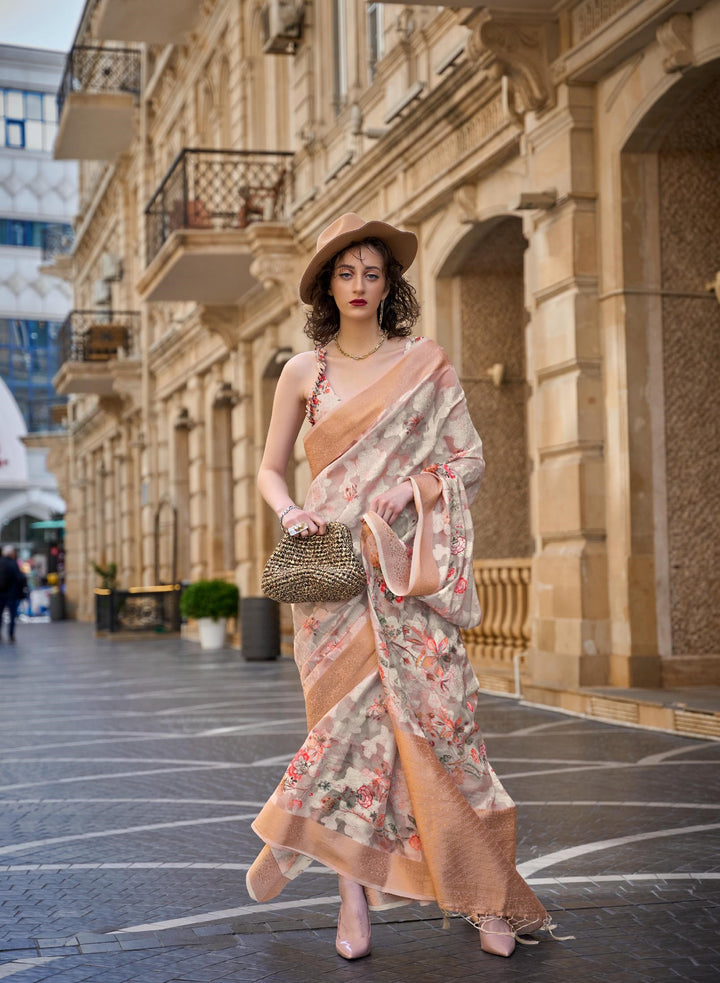 Caramel Cream Printed Poly Brasso Handloom Weaving Saree - PAHRAVA