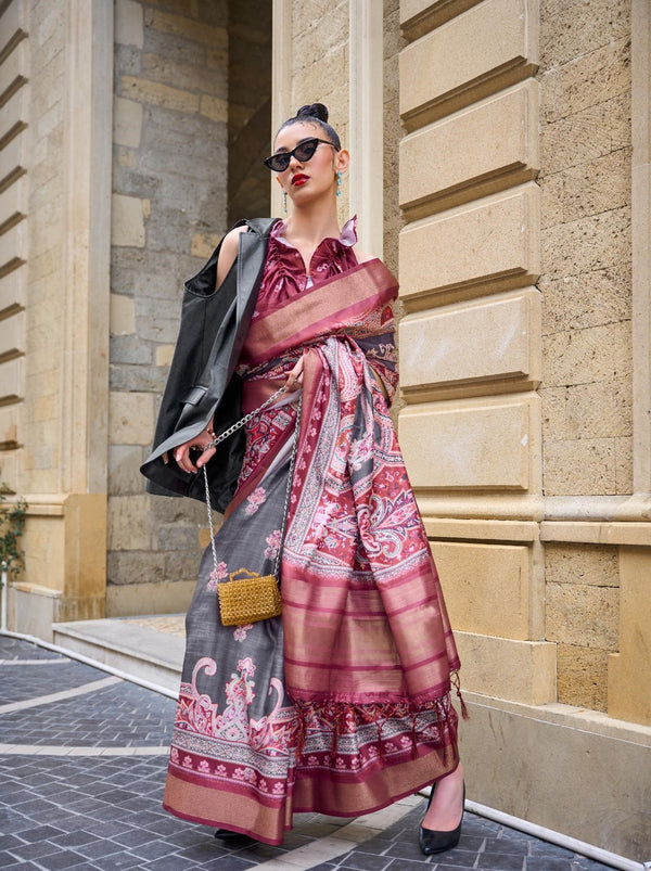 Solid Pink Pure Gaji Silk Print Handloom Weaving Saree - PAHRAVA