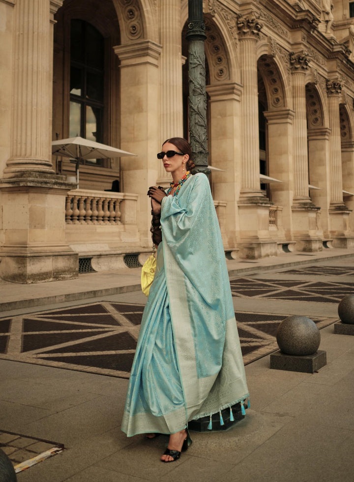 Cambridge Blue Pure Satin Handloom Weaving Silk Saree - PAHRAVA