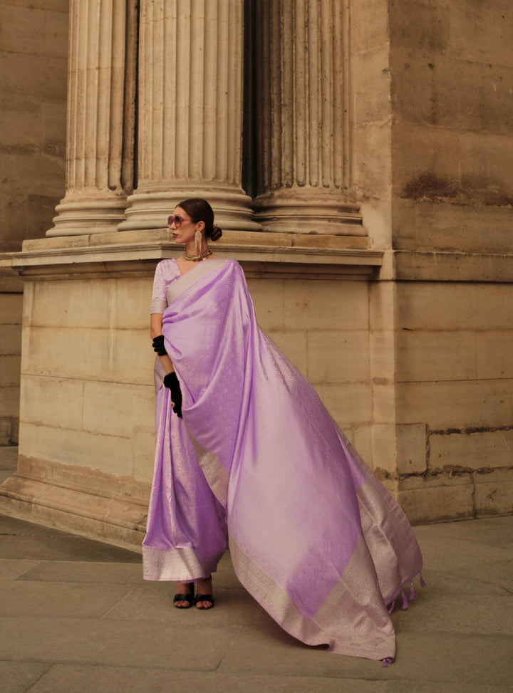 Pastel Violet Pure Satin Handloom Weaving Silk Saree - PAHRAVA