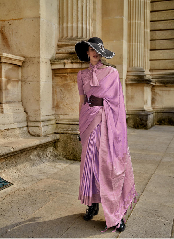 Brilliant Lavender Satin Nylon Handloom Weaving Silk Saree - PAHRAVA