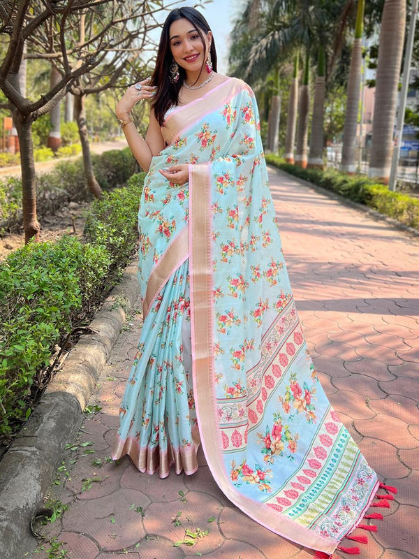 Coral Blue Digital Water Floral Print & Zari Weaving Border Saree