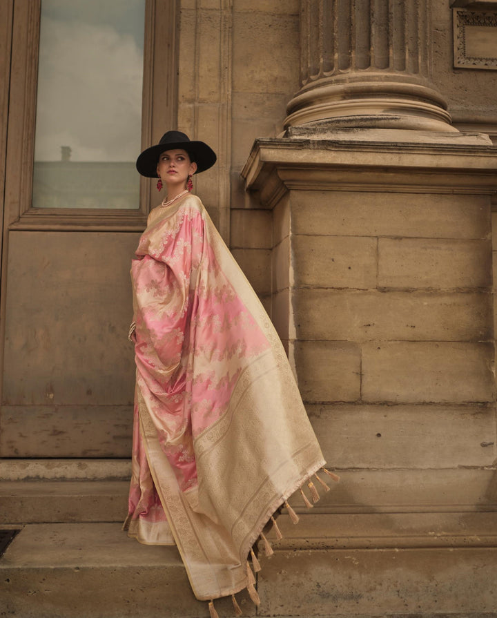 Blush Pink Satin Handloom Weaving Silk Saree - PAHRAVA