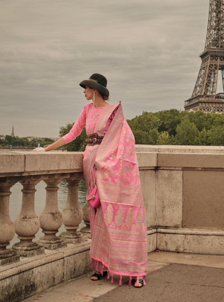 Rose Pink Kashmiri Organza Handloom Weaving Saree - PAHRAVA