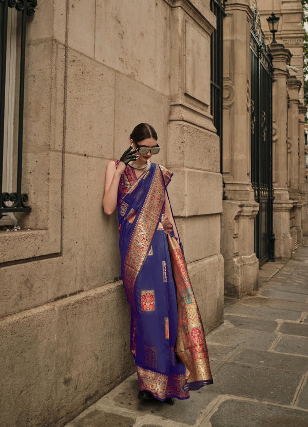 Navy blue Modal Handloom Weaving Saree - PAHRAVA