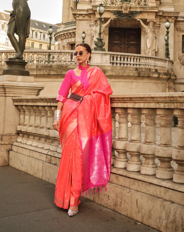 Pastel Red Handloom Weaving Soft Silk Saree - PAHRAVA