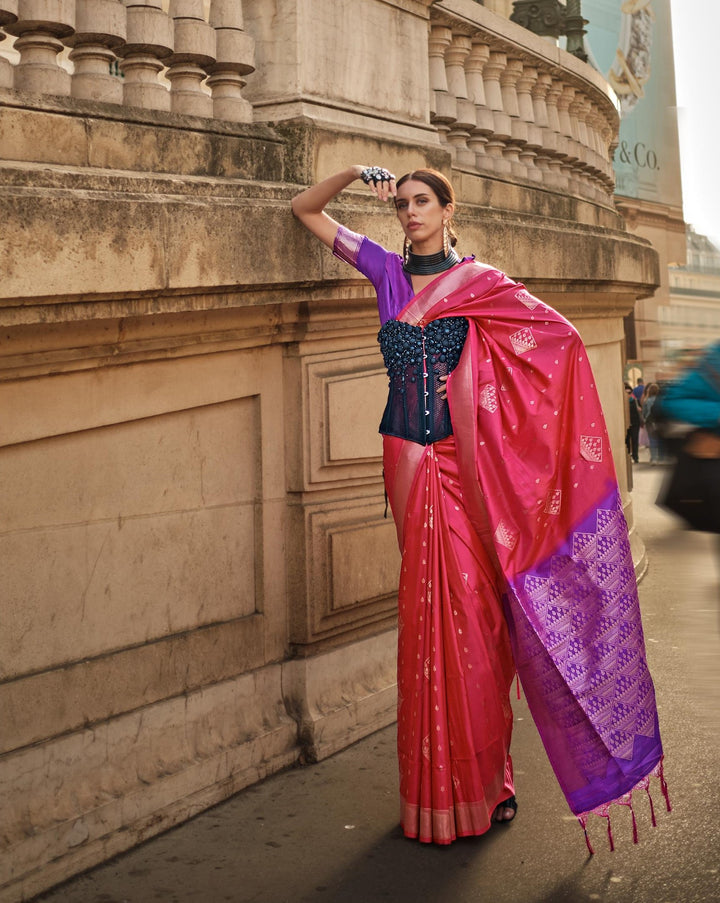 Pinkish Red Handloom Weaving Soft Silk Saree - PAHRAVA