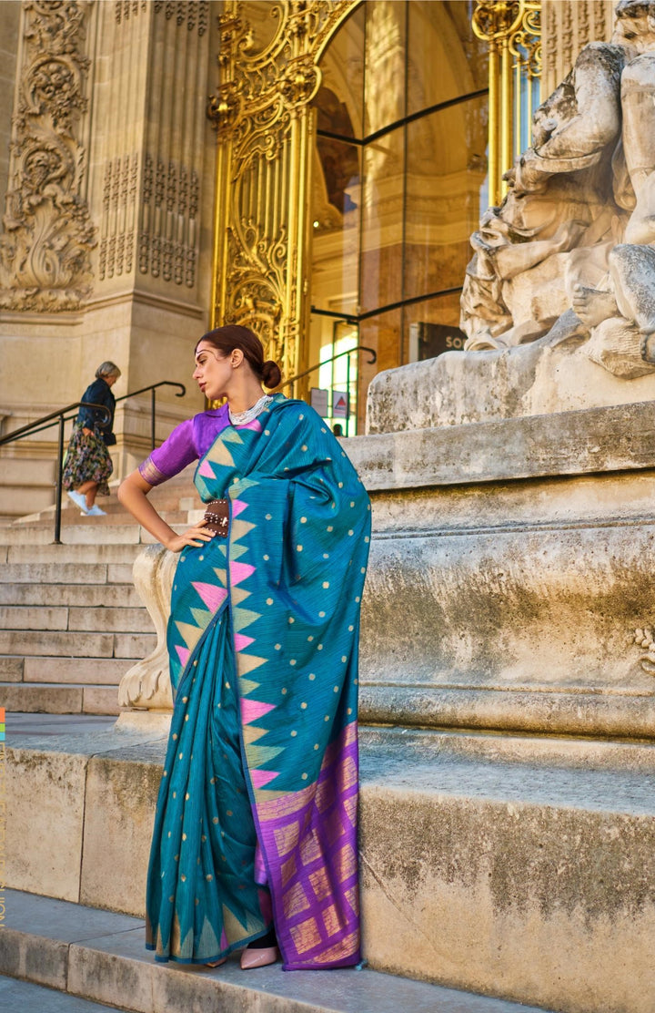 Teal Blue Handloom Weaving Khadi Silk Saree - PAHRAVA