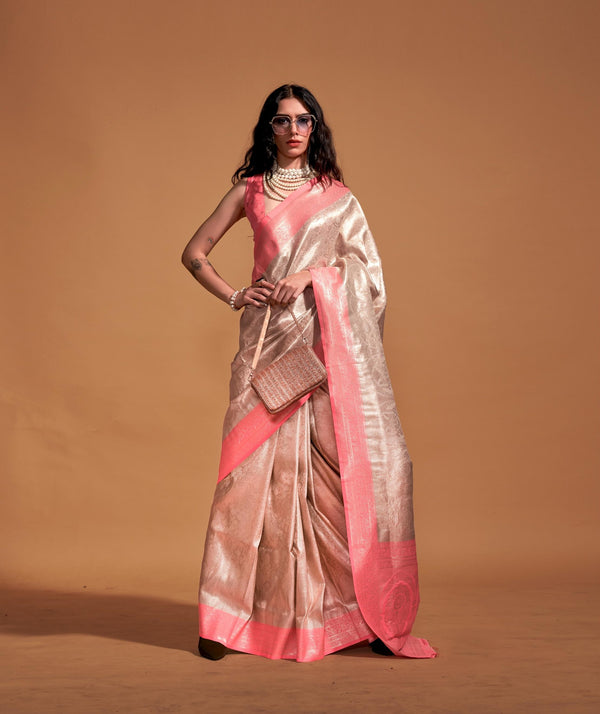 Salmon Pink Pure Satin Handloom Weaving Silk Saree - PAHRAVA