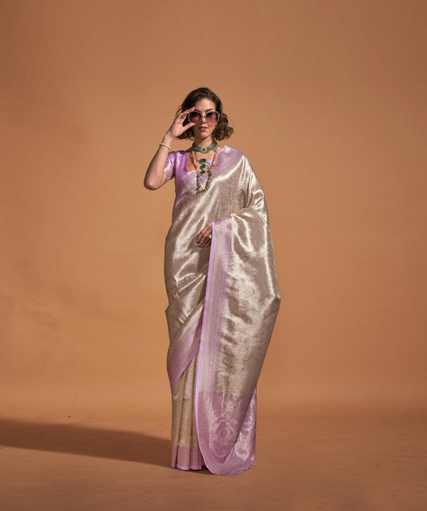 Light Purple Pure Satin Handloom Weaving Silk Saree - PAHRAVA