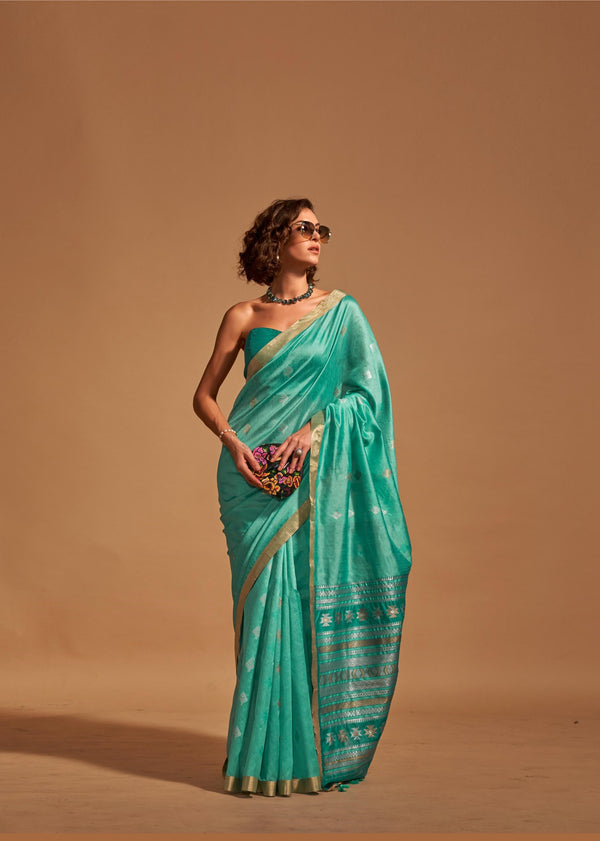 Greenish Cyan Handloom Weaving Silk Saree - PAHRAVA