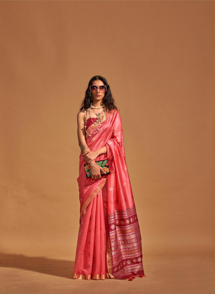 Rose Pink Handloom Weaving Silk Saree - PAHRAVA