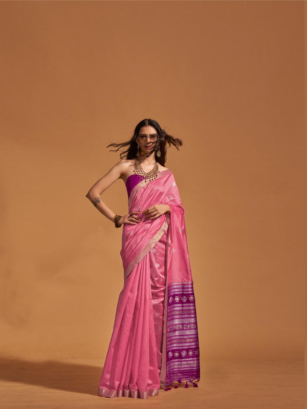 Rosy Pink Handloom Weaving Silk Saree - PAHRAVA