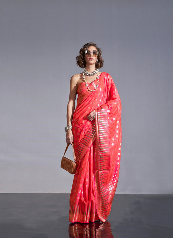 Fire red Handwoven Weaving Silk Saree - PAHRAVA