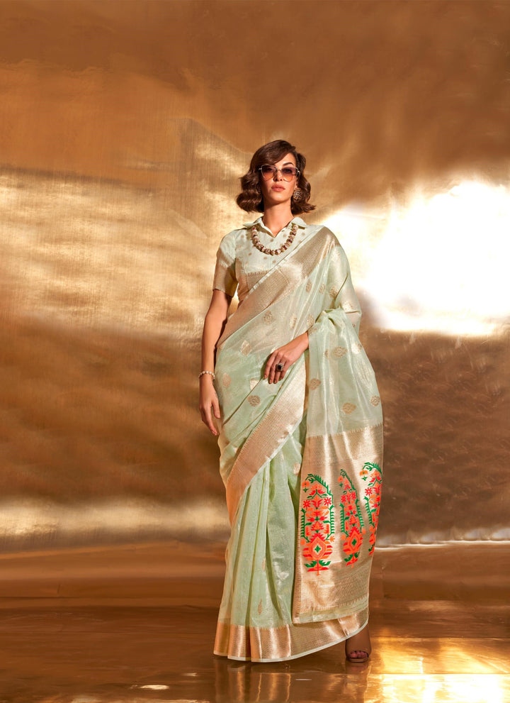 Light Olive Paithani Zari Tissue Saree - PAHRAVA