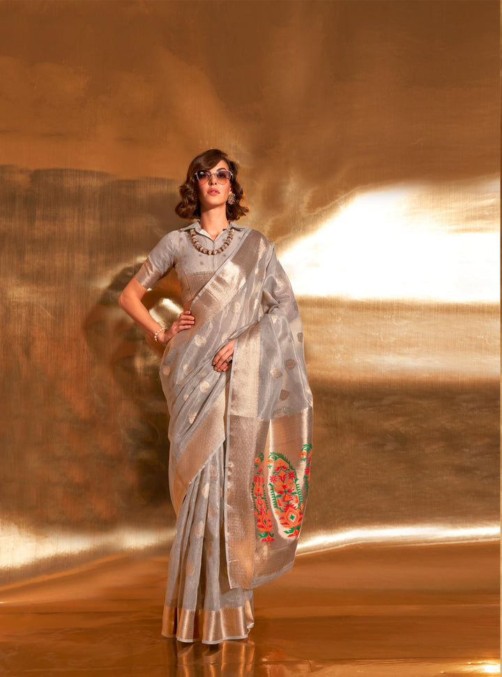 Silver Grey Paithani Zari Tissue Saree - PAHRAVA