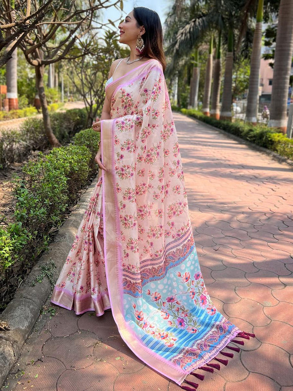 Cream Digital Water Floral Print & Zari Weaving Border Saree