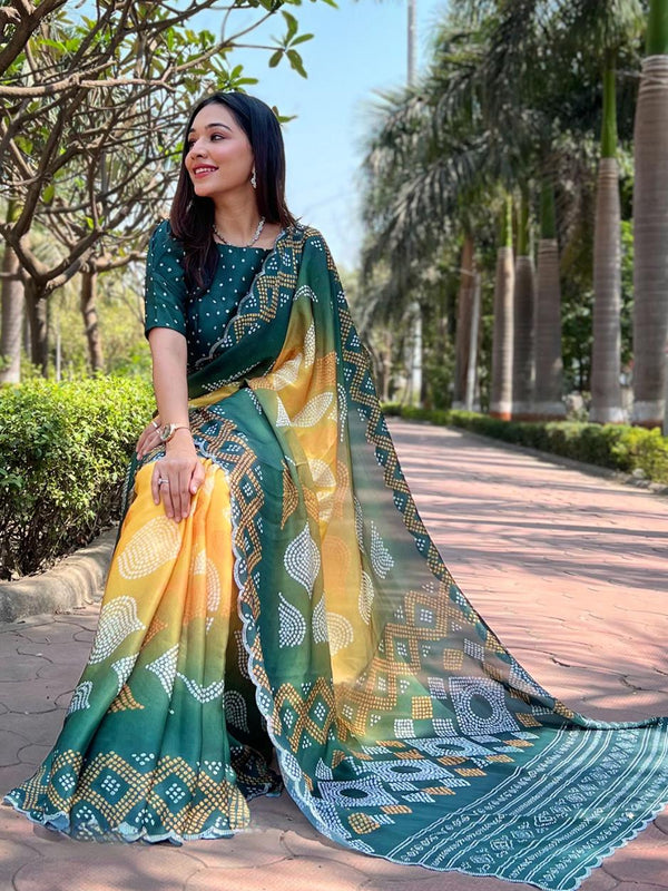 Dark Green Pure Satin Georgette Ombre Bandhej Print Saree