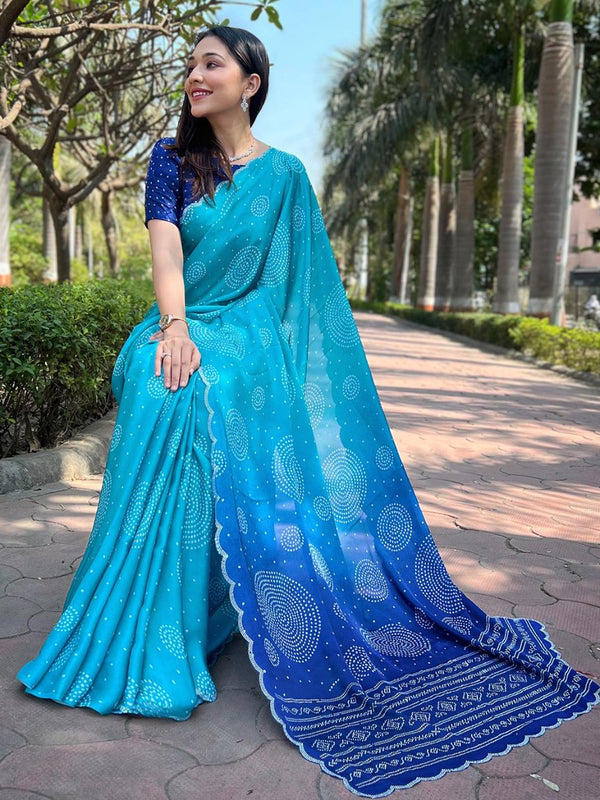 Bright Blue Pure Satin Georgette Ombre Bandhej Print Saree