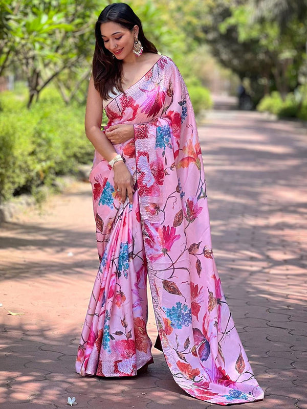 Pastel Pink Georgette Floral Digital Print Stonework Saree