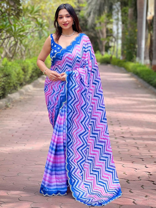 Blue With Purple Leheriya Printed Diamond Zarkand StoneWork Saree