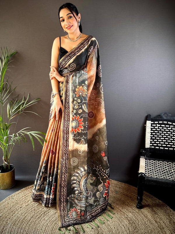 Orange With Black Cotton Jari Tissue Bandhej Kalamkari Printed Saree