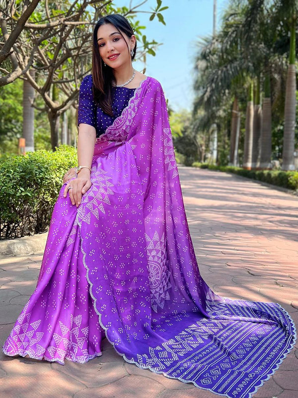 Jasmine Purple Pure Satin Georgette Ombre Bandhej Print Saree