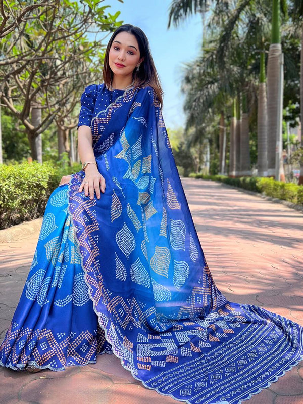 Royal Blue Pure Satin Georgette Ombre Bandhej Print Saree