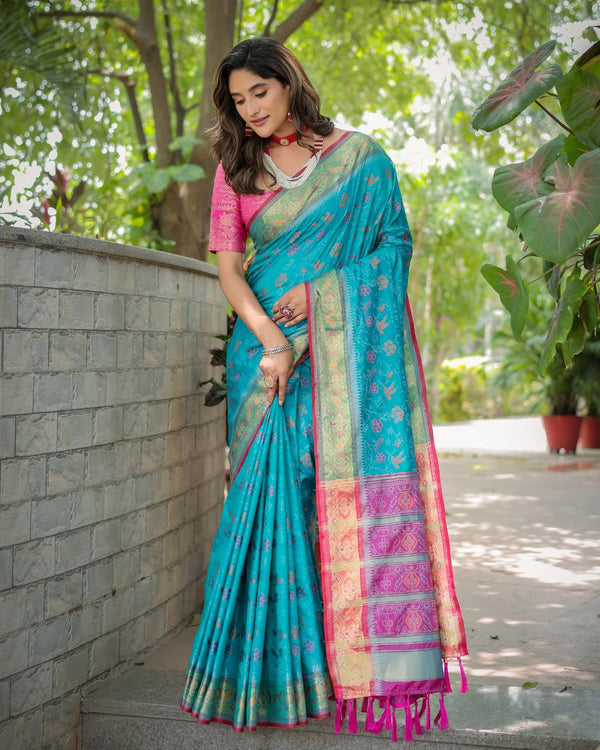 Teal Blue Soft Patola Silk Saree with Rich Pallu.