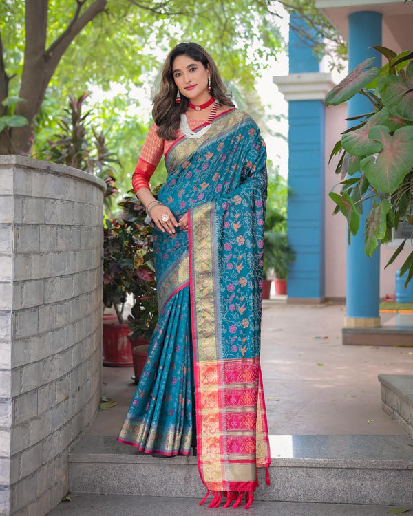 Peacock Blue Soft Patola Silk Saree with Rich Pallu.