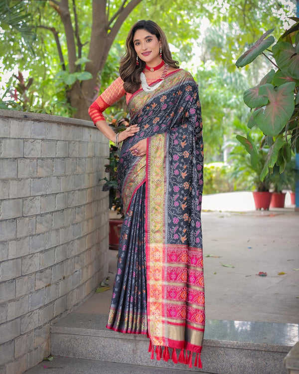 Bright Black Soft Patola Silk Saree with Rich Pallu.