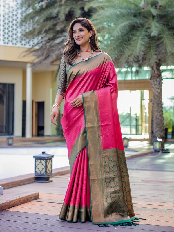 Hot Pink Kubera Pattu Kanjivaram Silk Saree.