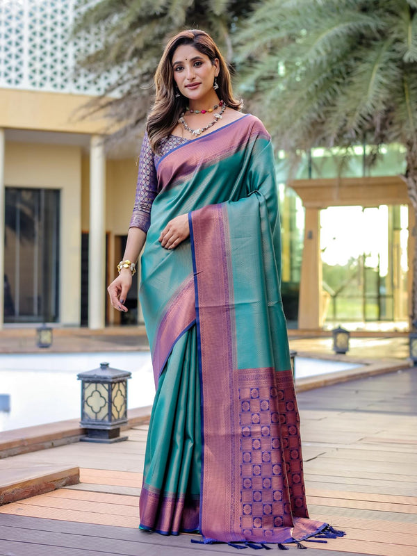 Teal Green Kubera Pattu Kanjivaram Silk Saree.