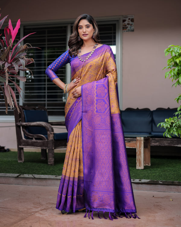 Yellow With Purple Designer Tassels Banarsi Silk Saree.