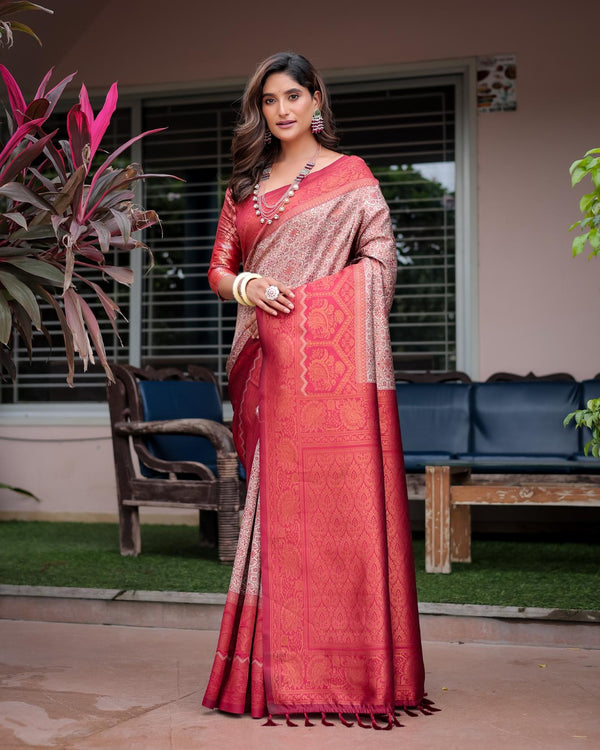 Cream With Red Designer Tassels Banarsi Silk Saree.