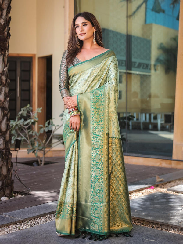 Pista Green Dharmavaram Silk Saree with Full Zari Base.