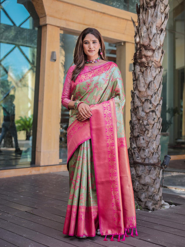 Green With Pink Dharmavaram Silk With Rich Pallu Saree.