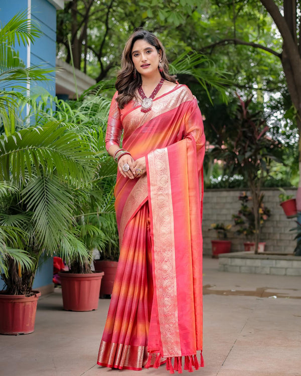 Bright Red Soft Banarasi Silk Saree with Rangkat Pattern.