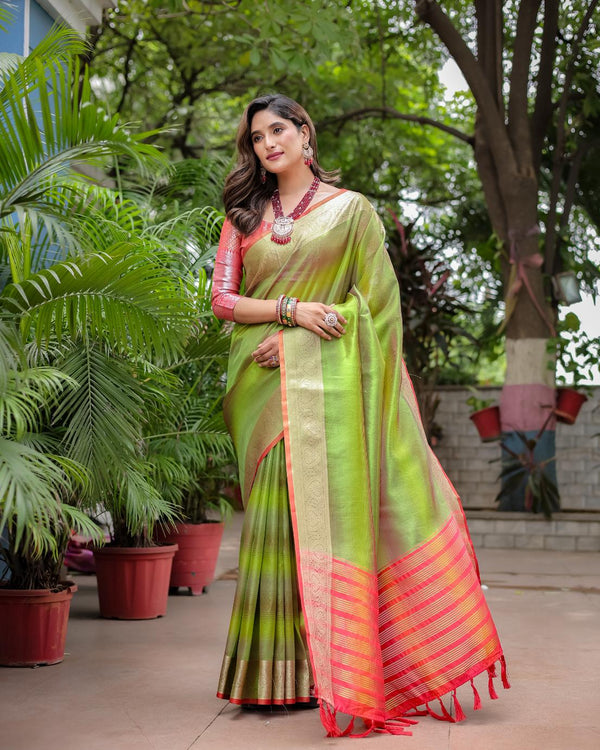 Parrot Green Soft Banarasi Silk Saree with Rangkat Pattern.