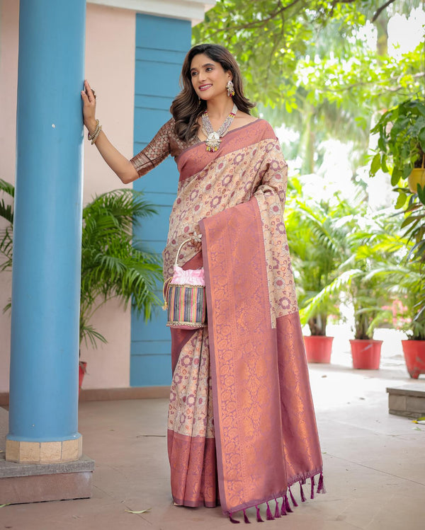 Crimson Cream Banarasi Silk Saree.