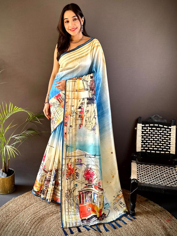 Sky Blue Japanese Freehand Digital Print Soft Silk Saree