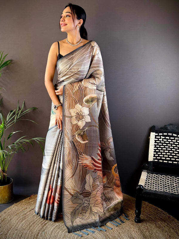 Light Grey Semi Gold Zari Botanical Print Saree