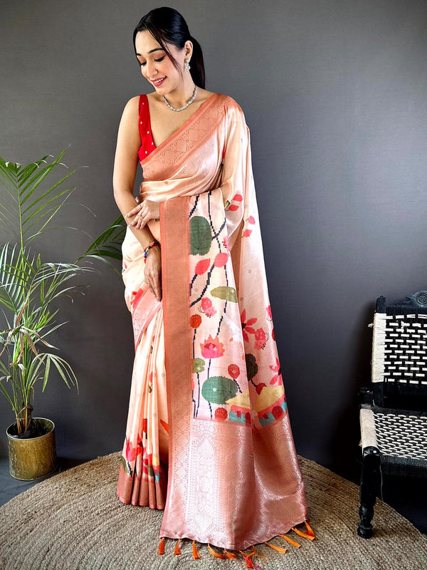 Pastel Red Banarasi Silk Ghicha Tussar Saree