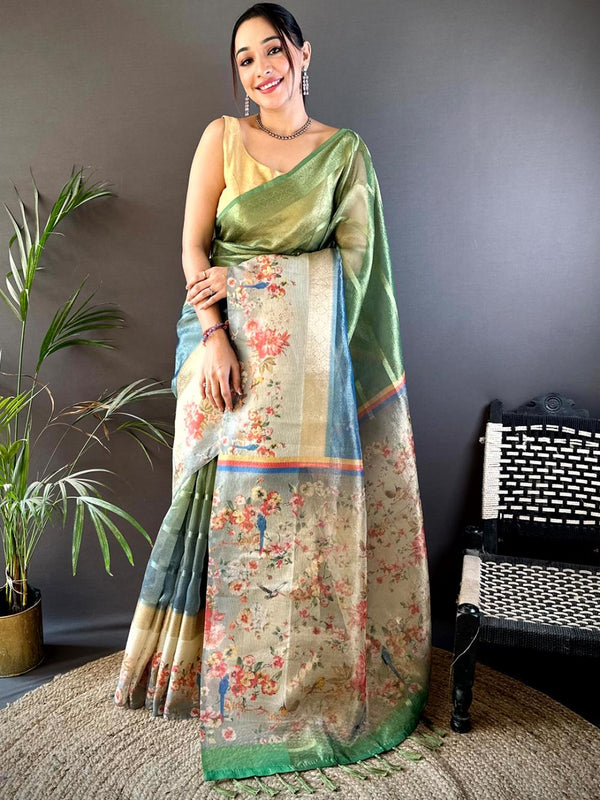 Olive Green Ombre Digital Print Saree