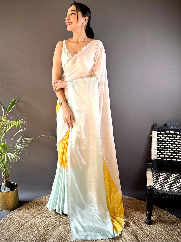 Pearl Cream With Yellow Poly Soft Chiffon Stonework Saree