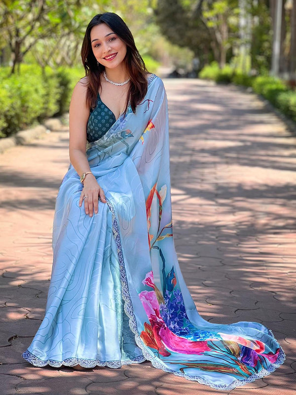 Sky Blue Satin Georgette Flower Print Saree