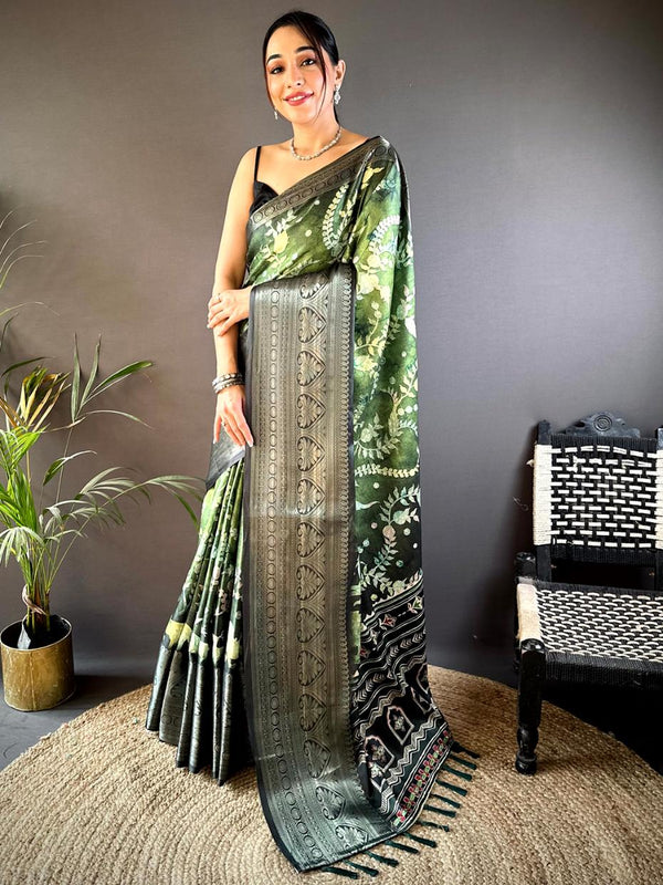 Olive Green Floral Animal Batik Soft Silk Saree