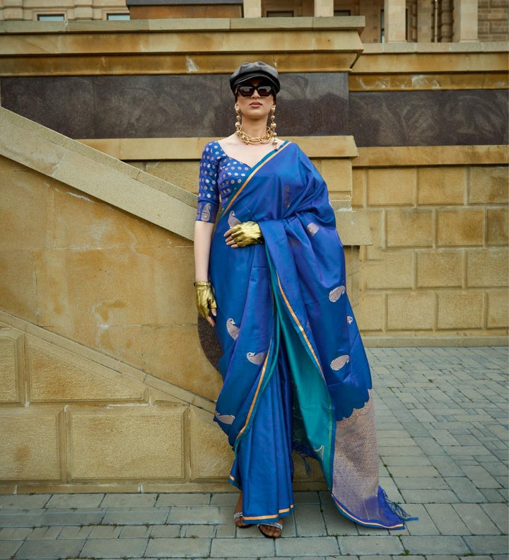 Mid Blue Pure Satin Weaving Silk Saree - PAHRAVA