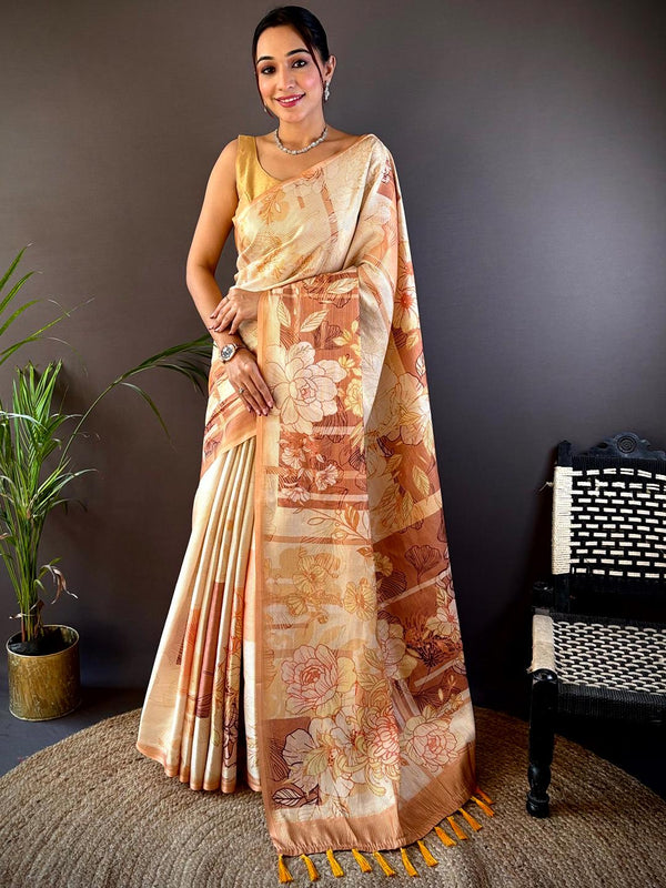 Mustard Yellow Semi Gold Zari Floral Print Saree