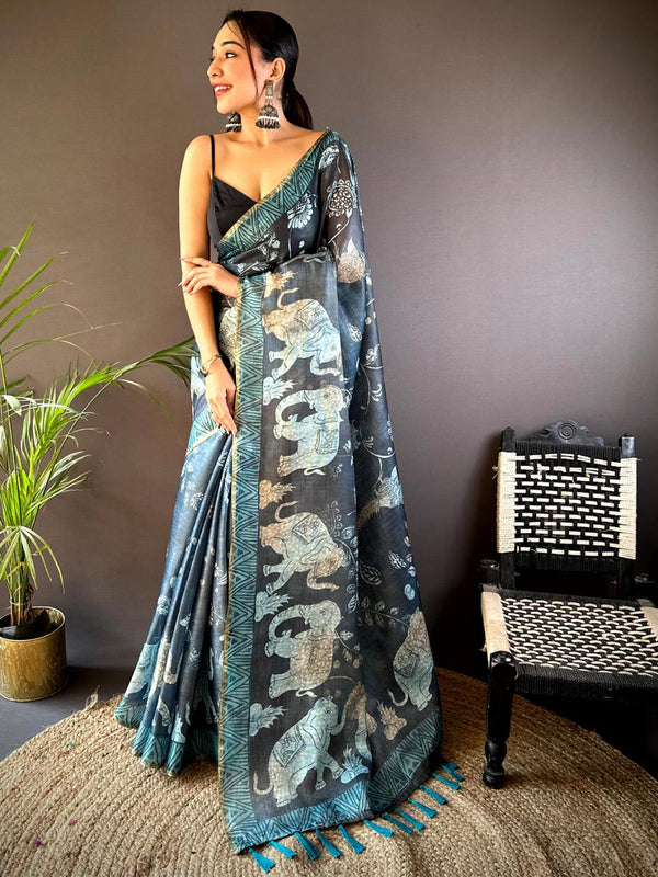 Grey With Blue Tissue Chanderi  Kalamkari Block Print Saree